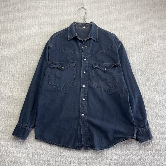 VTG Denim Shirt Jacket Men's S Western Style Dark Blue Jean Vintage Pearl Snap - Picture 1 of 15